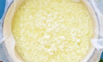 Отцедите сыворотку через марлю, которую сложите в 2-3 раза. Сыворотку оставьте для приготовления выпечки, напитков и т. д. А сыр пусть остается в марлевом мешочке.