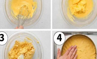 Cмешайте яичные желтки и сахарную пудру до получения однородной массы около 1 минуты. Добавьте сливочное масло, муку, соль и перемешайте. Выложите кольцо для торта и поставьте в духовку выпекать