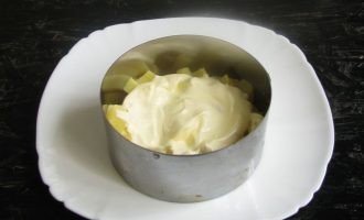 Сверху картофель намажьте соусом майонезом со сметаной.
