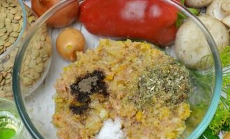 Теперь в фарш добавьте пол чайной ложки соли и на свой вкус черный молотый перец и прованские травы.